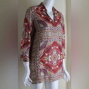 Talbots Tunic Womens Size 10P Multicolor Geometric Print Collared Silk & Linen